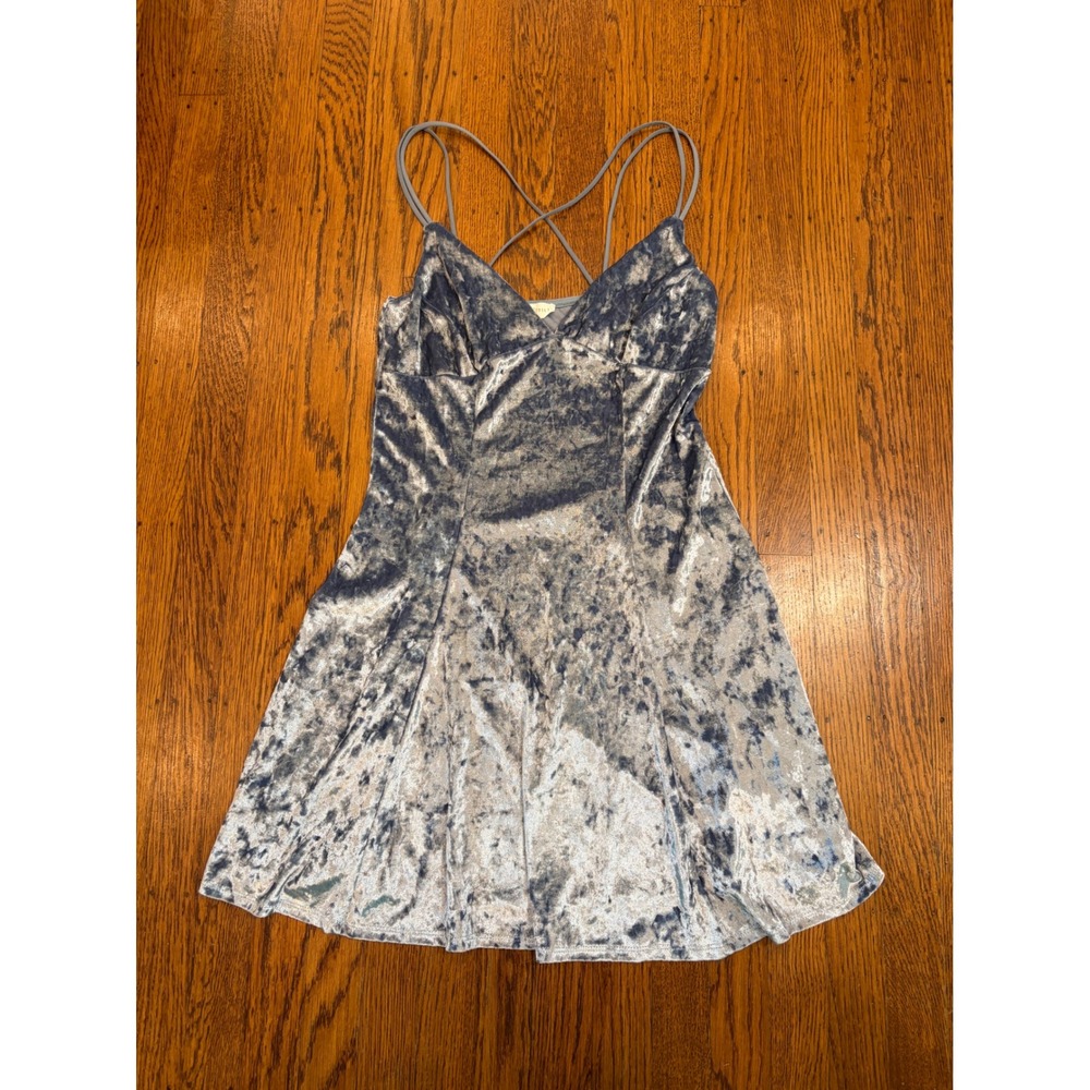 Full Tilt Ice Blue Crushed Velvet Skater Dress Y2K V Neck Crisscross XS